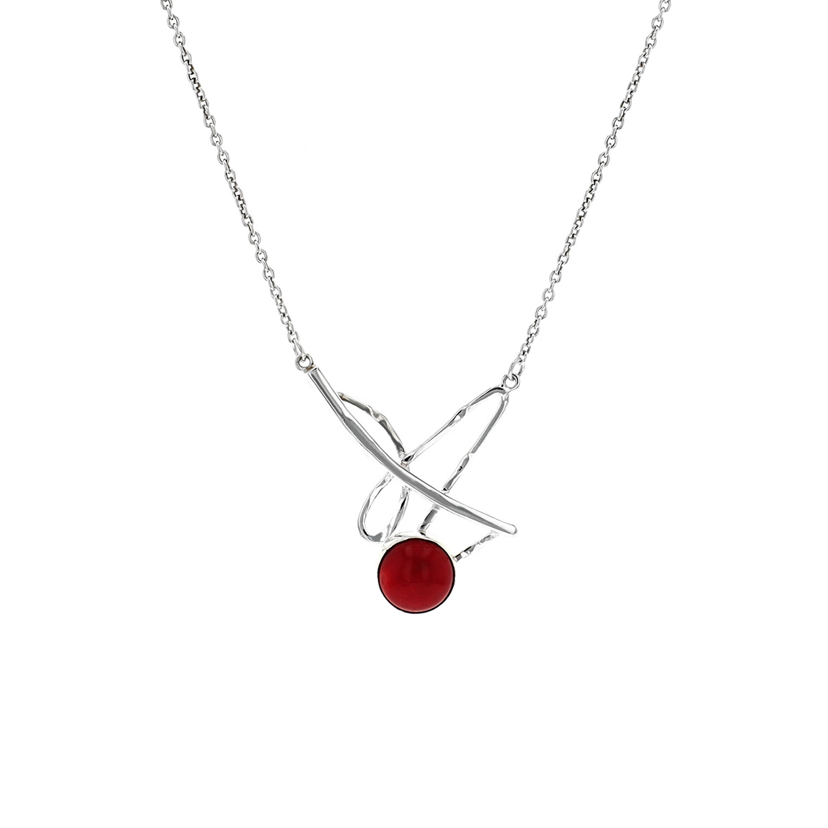 Sterling Silver Round Dyed Red Coral Freeform Necklace
