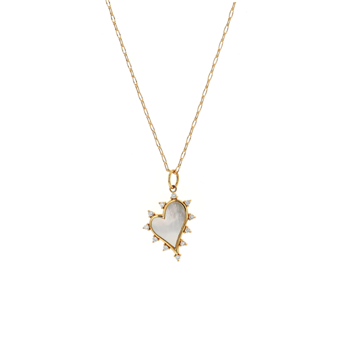 18K Yellow Gold Heart Mother-of-Pearl and Diamond Pendant with Chain