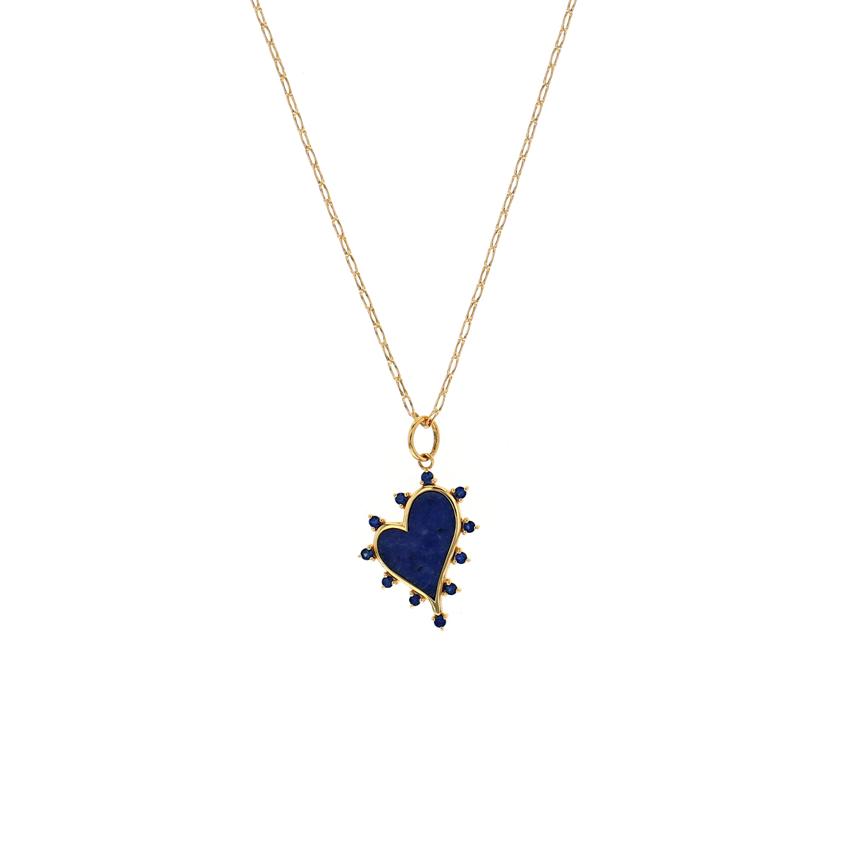 18K Yellow Gold Sodalite Heart and Blue Sapphire Pendant with Chain