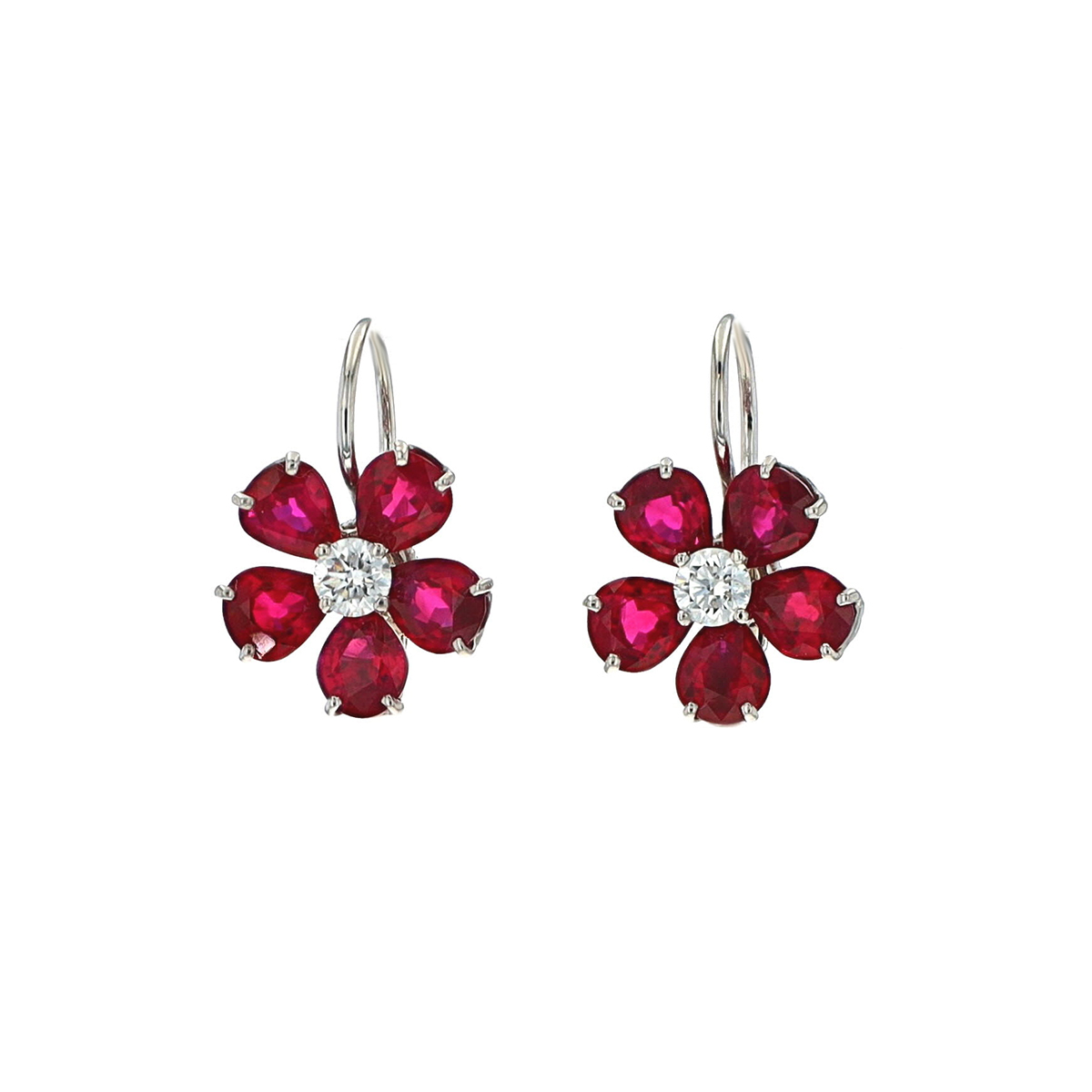 Platinum Ruby and Diamond Flower Earrings