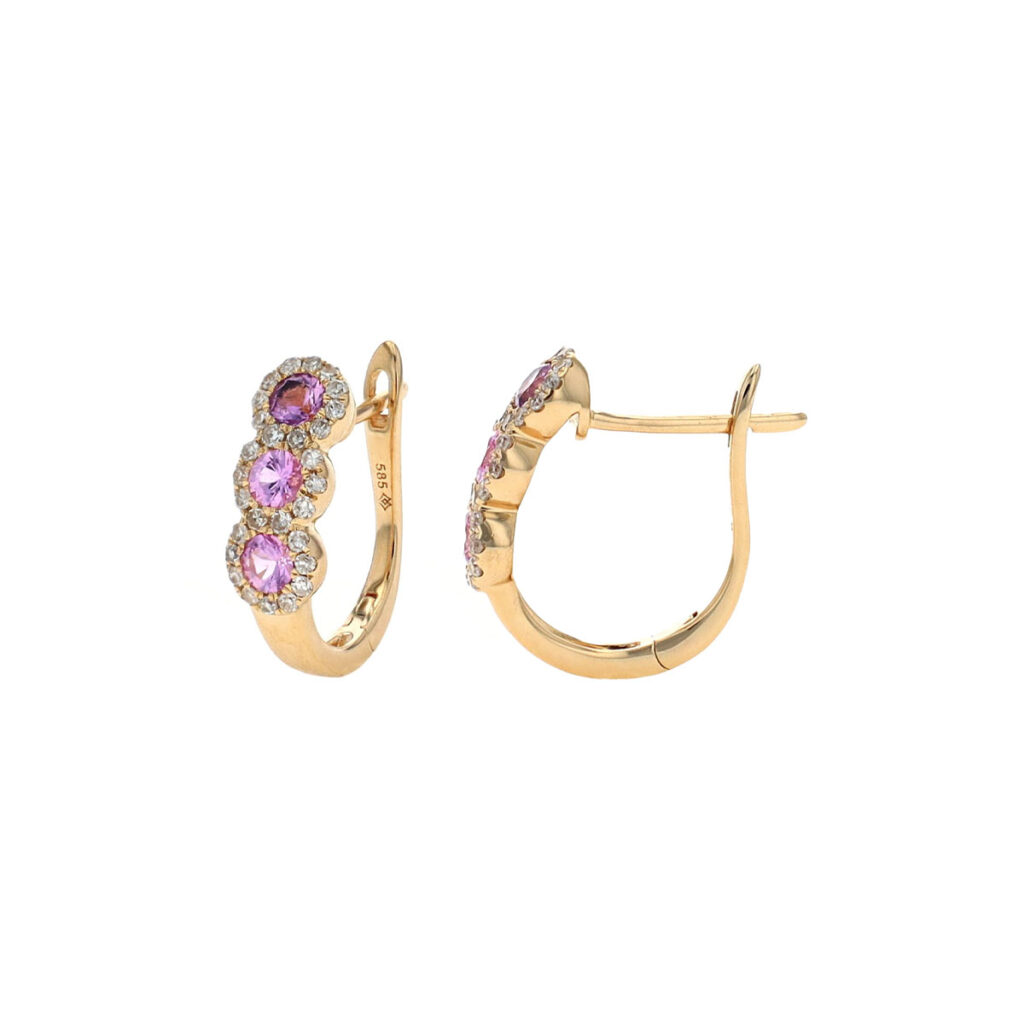 14K Yellow Gold Pink Sapphire and Diamond Hoop Earrings - Josephs Jewelers