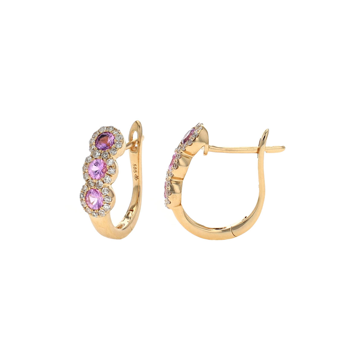 14K Yellow Gold Pink Sapphire and Diamond Hoop Earrings