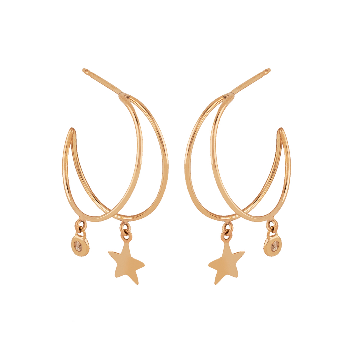 14K Yellow Gold Diamond Star Dangle Hoop Earrings