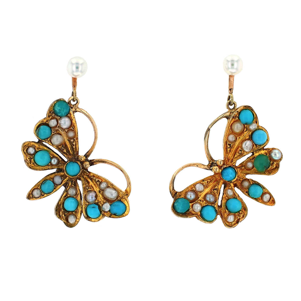 Estate 14K Yellow Gold Turquoise and Pearl Butterfly Earrings