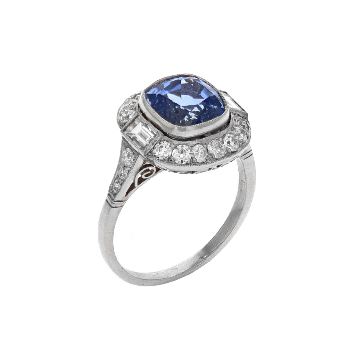 Estate Platinum 4.34 Carat Cushion Blue Sapphire and Diamond Ring