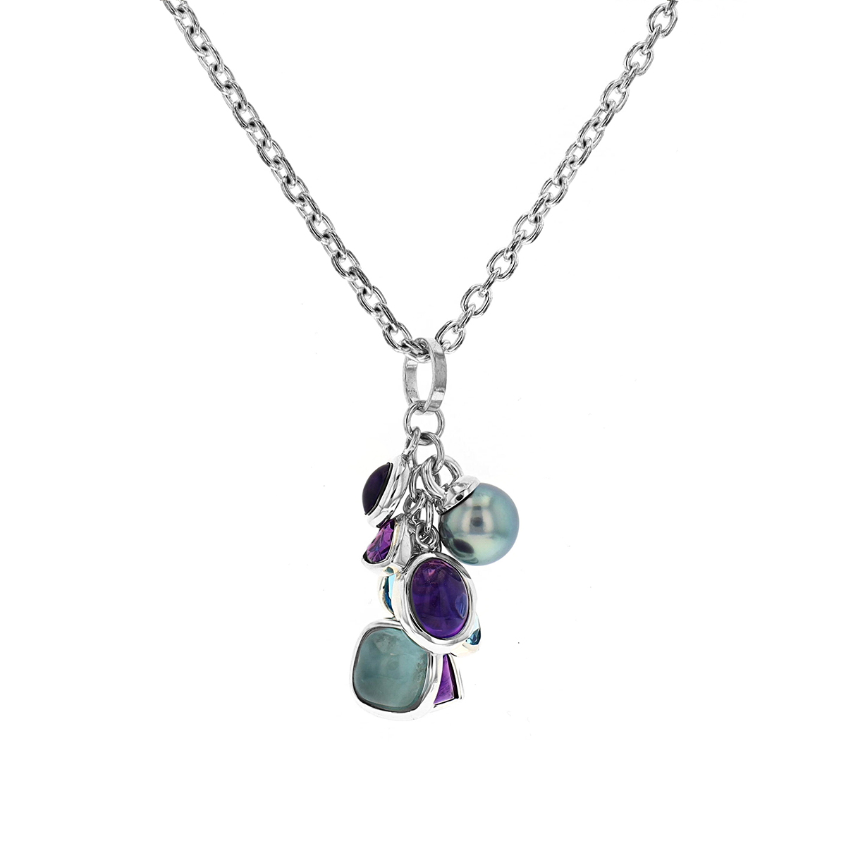 Sterling Silver Amethyst, Blue Topaz, Aquamarine, and Pearl Necklace