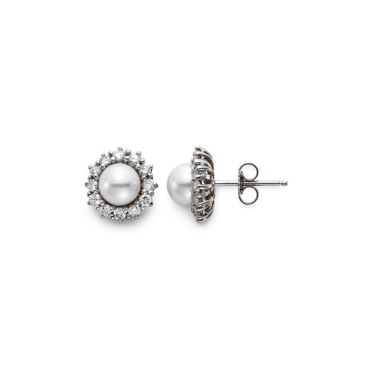 18K White Gold 7.5 mm Cultured Pearl and Diamond Halo Earrings