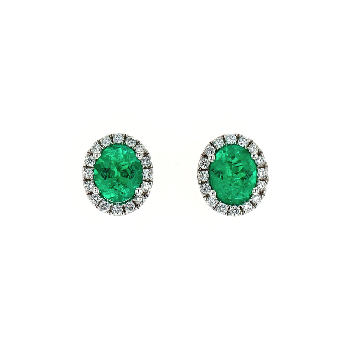 18K White Gold Oval Emerald and Diamond Halo Earrings