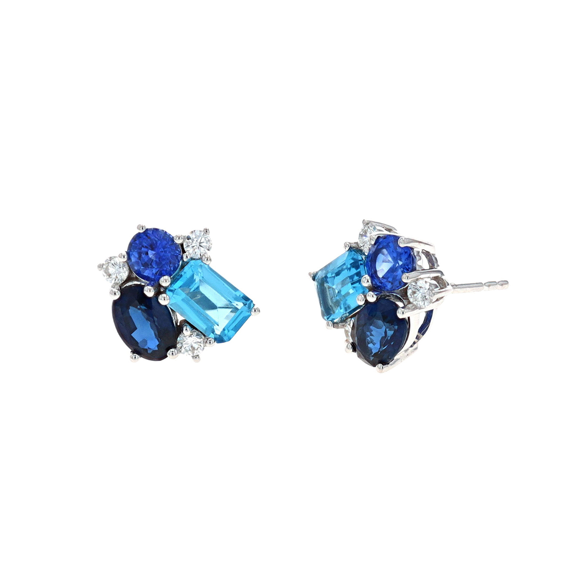 14K White Gold Blue Sapphire, Blue Topaz, and Diamond Earrings