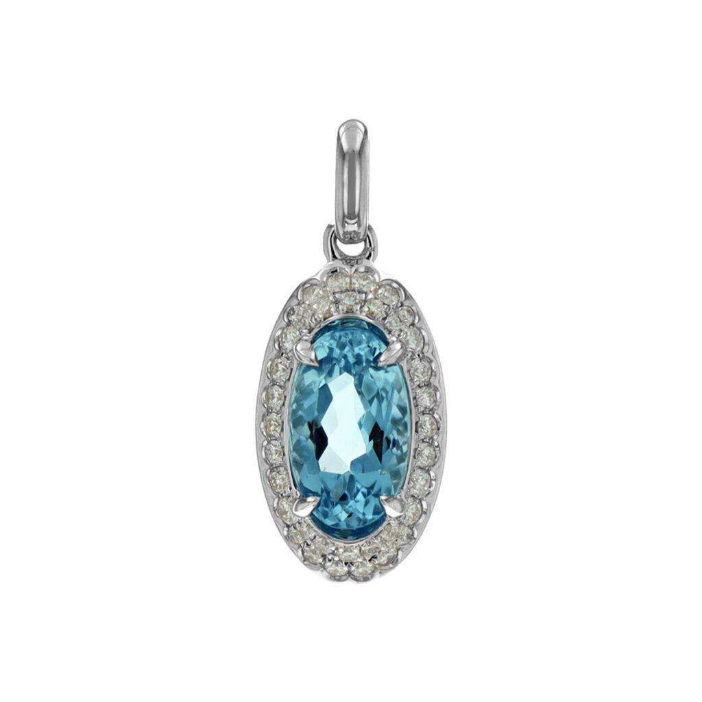 14K White Gold Oval Aquamarine and Diamond Pendant