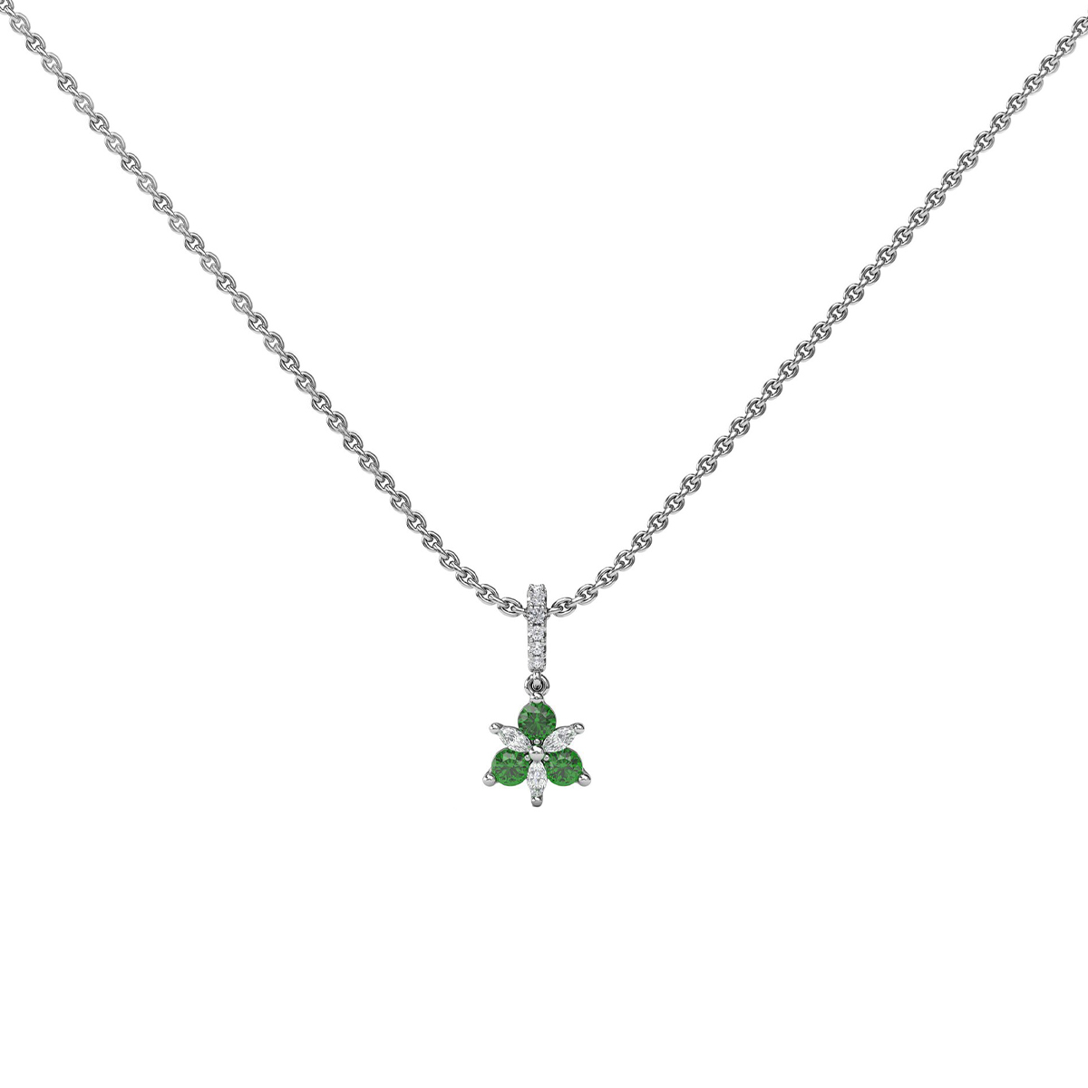 14K White Gold Emerald and Diamond Cluster Pendant with Chain
