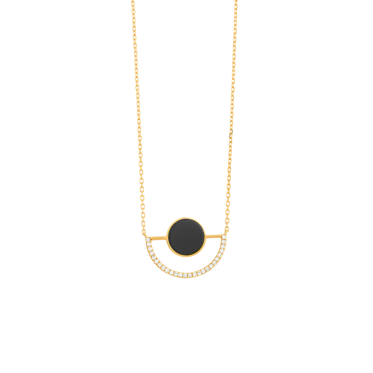 14K Yellow Gold Round Onyx and Diamond Half Circle Necklace