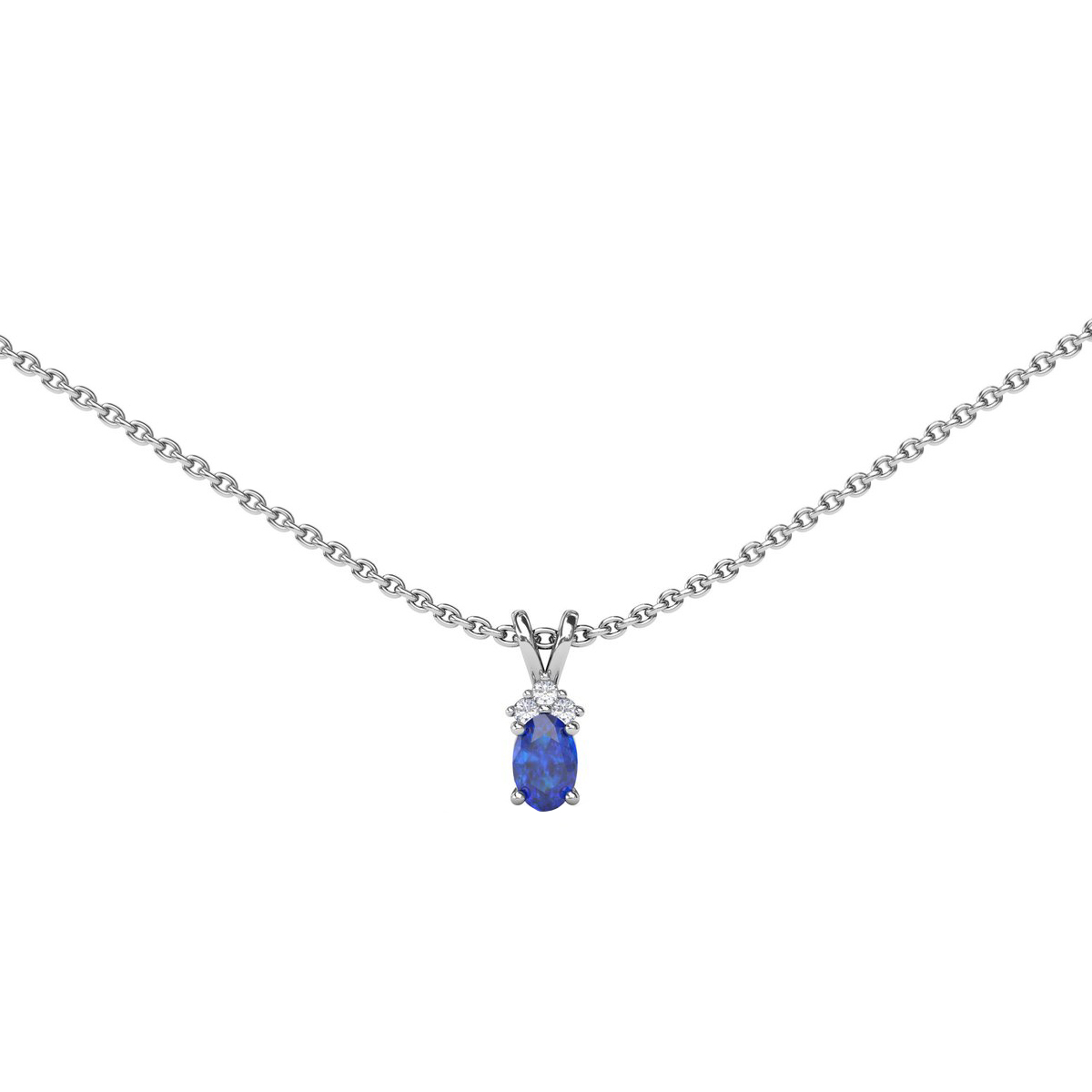 14K White Gold Oval Sapphire and Diamond Pendant with Chain