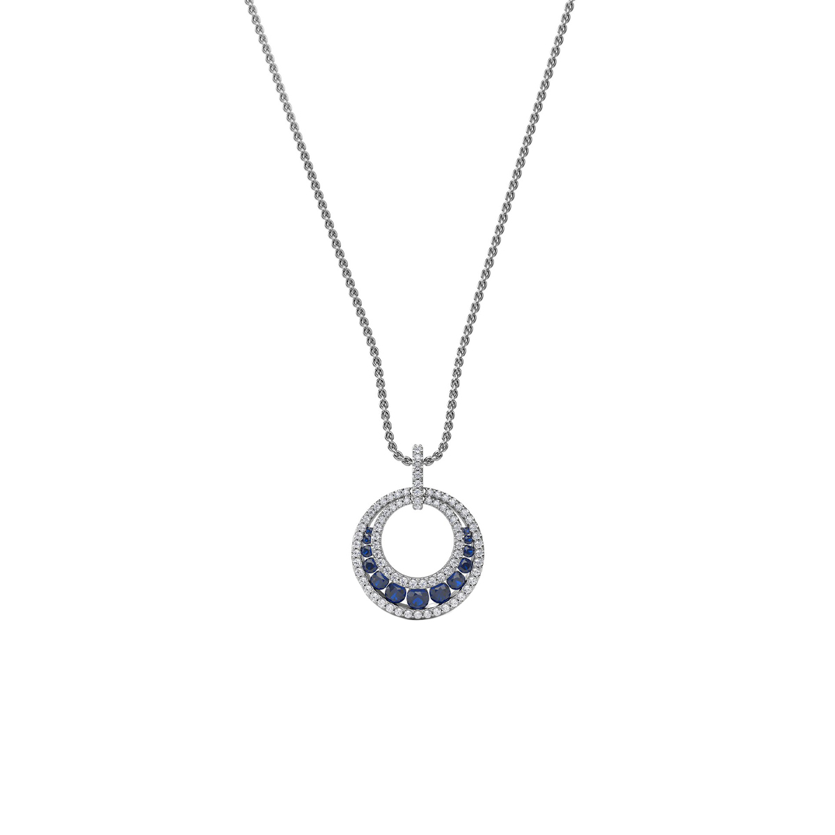 14K White Gold Graduated Blue Sapphire and Diamond Pendant with Chain