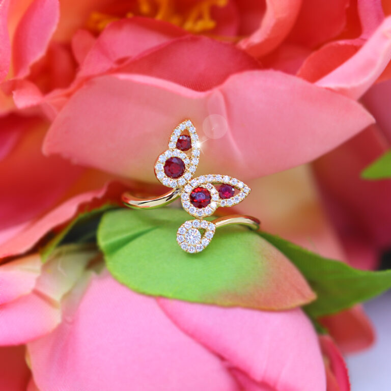14K Yellow Gold Butterfly Ruby and Diamond Bypass Ring