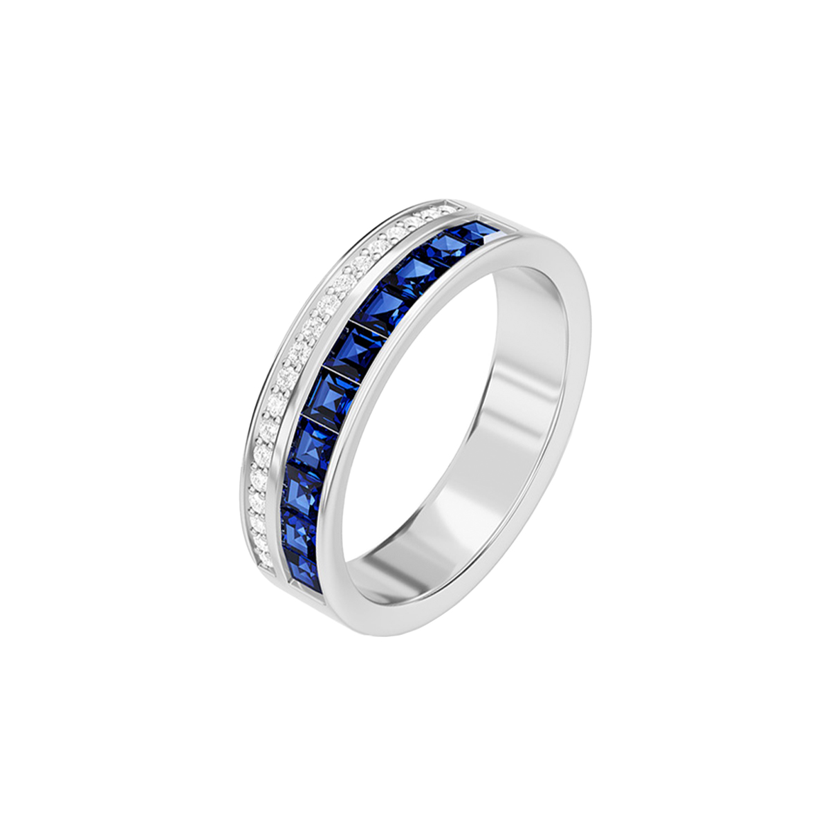 14K White Gold Princess Blue Sapphire and Diamond Ring