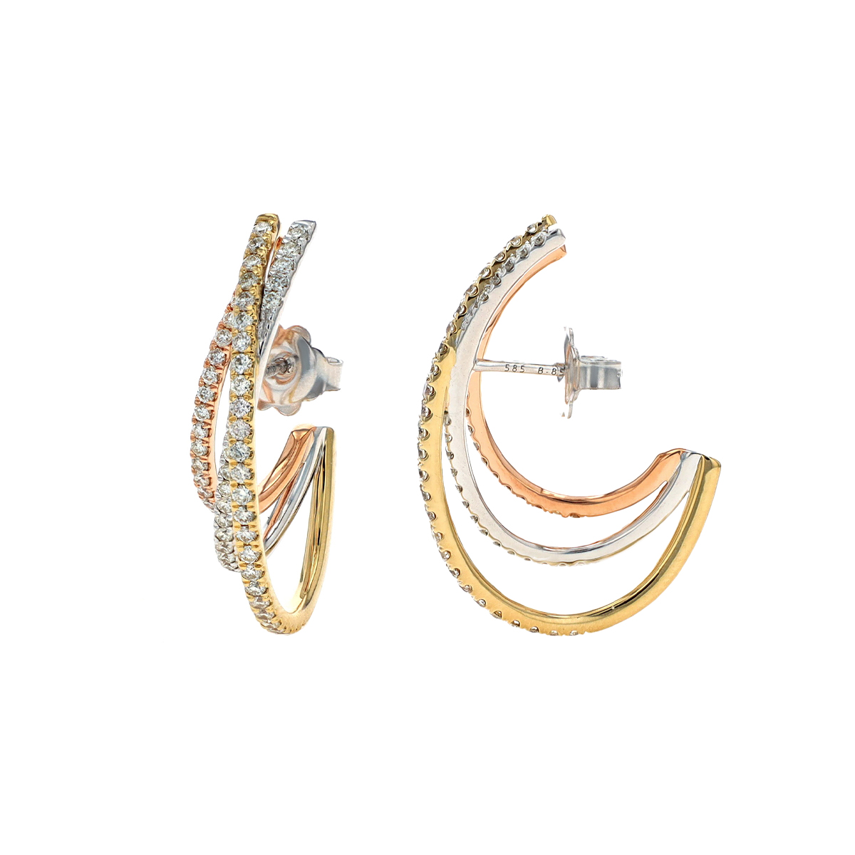 14K Tri-Tone 3-Row J-Hoop Diamond Earrings