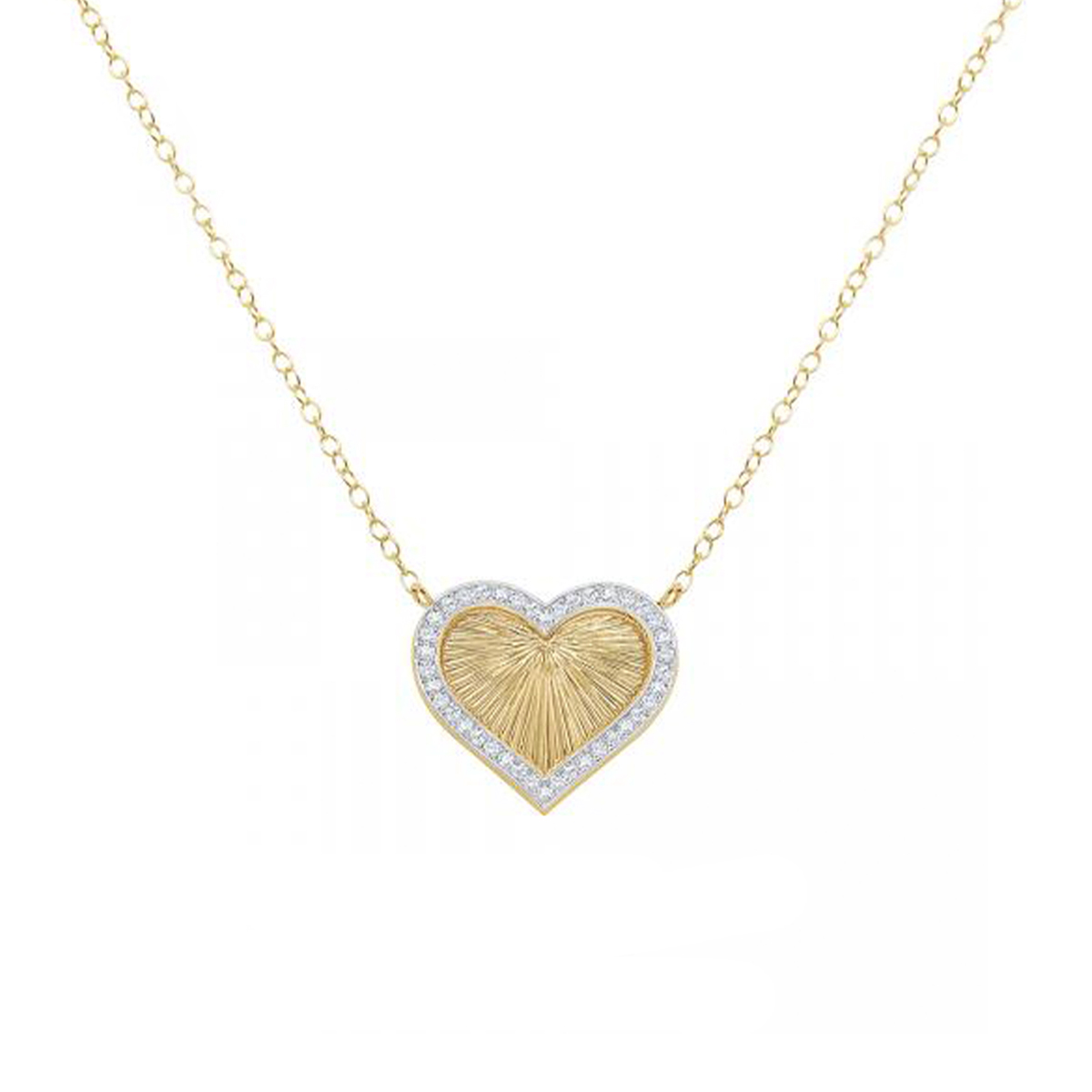 14K Yellow Gold Sunray Heart and Diamond Necklace