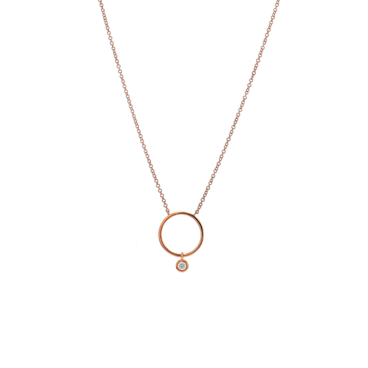 14K Rose Gold Circle Station Necklace with Diamond Dangle