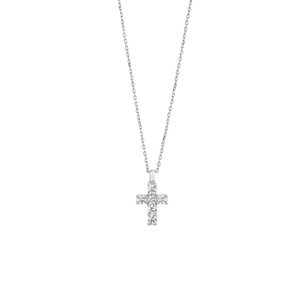 14K White Gold Small Diamond Cross Pendant with Chain