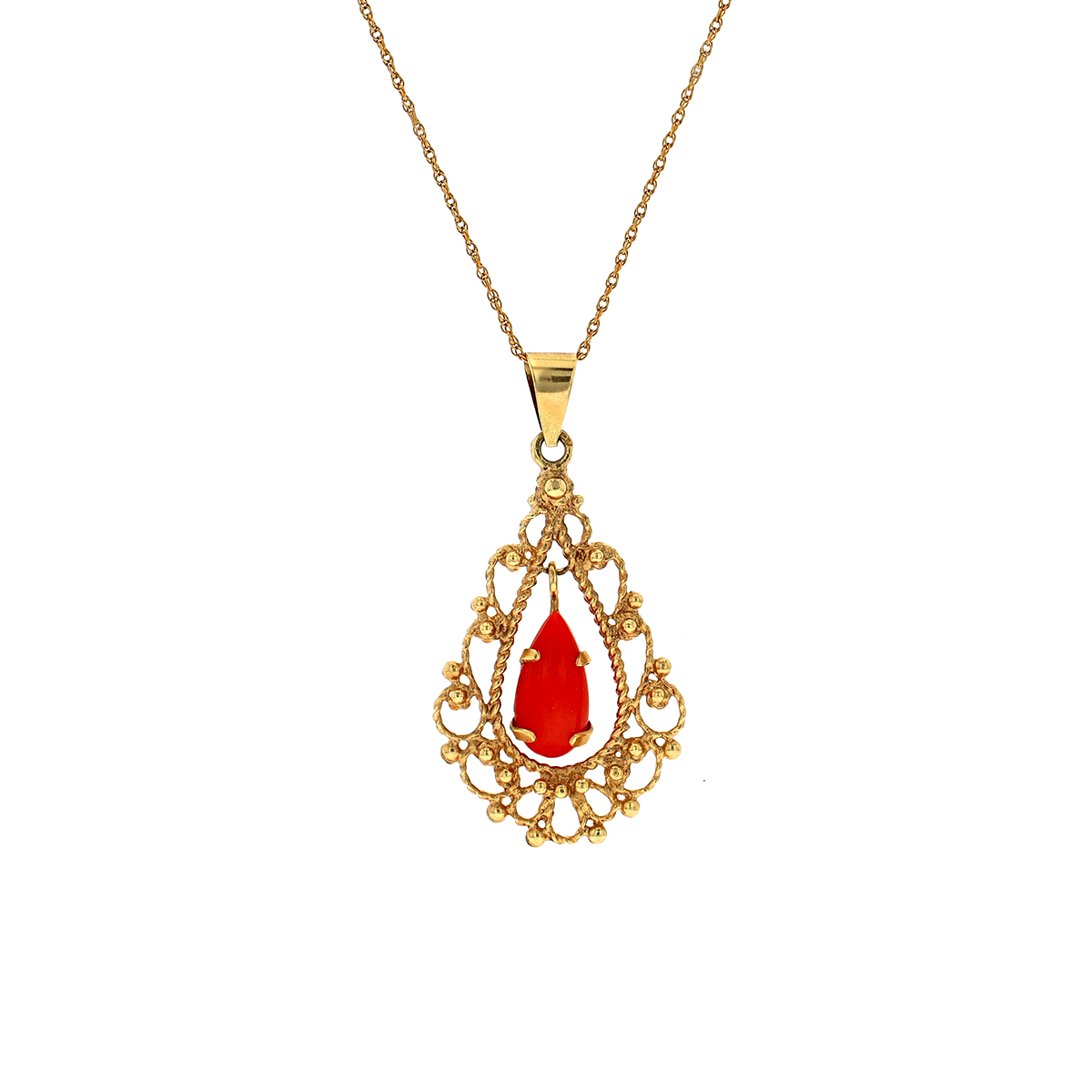 Estate 14K Yellow Gold Coral Drop Pendant with Chain