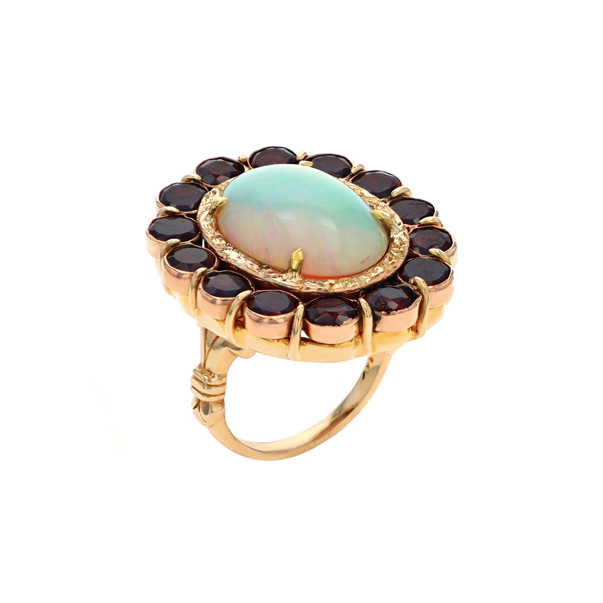 Estate 14K Two-Tone Oval Opal and Garnet Halo Ring