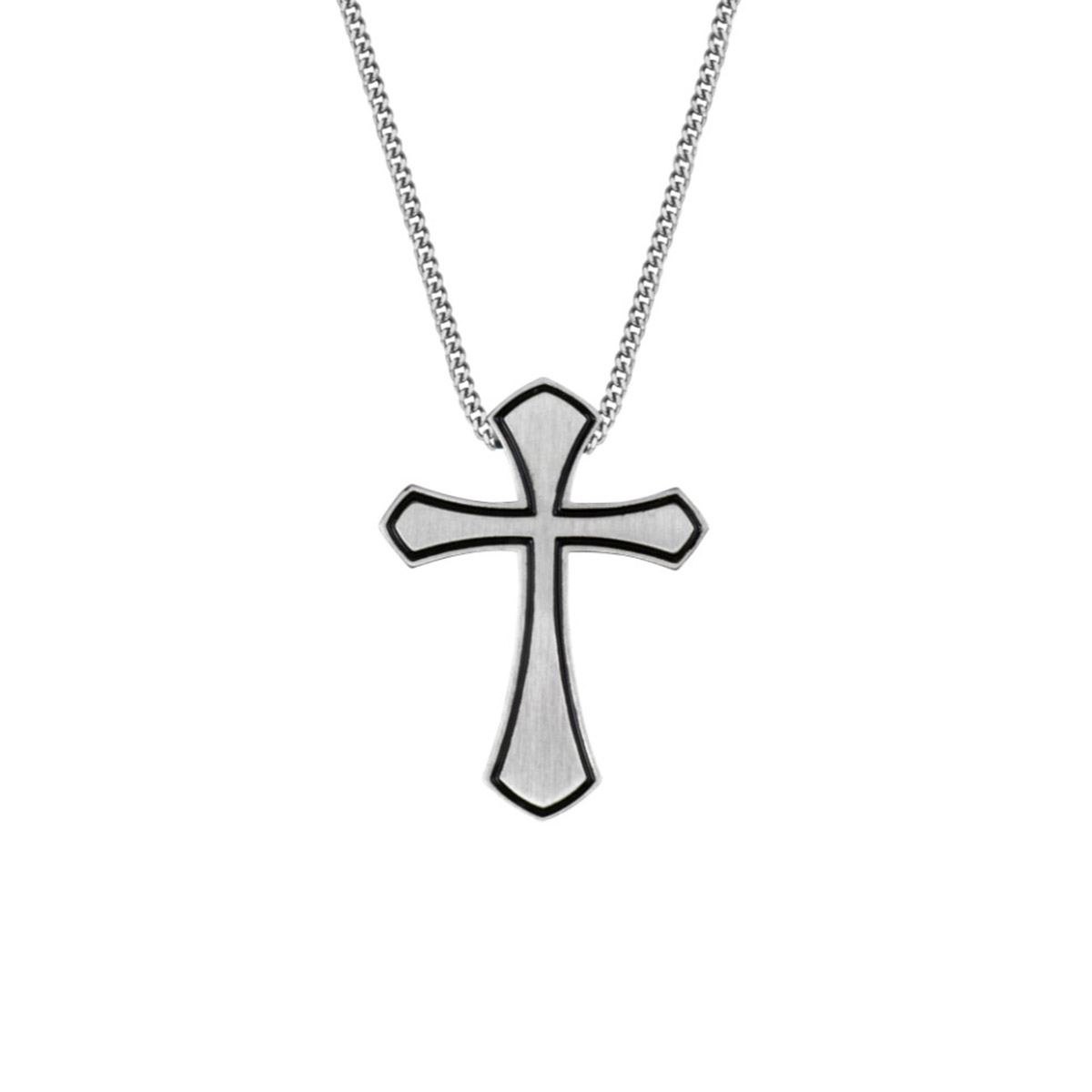 Stainless Steel Pinstripe Border Cross Pendant and Chain