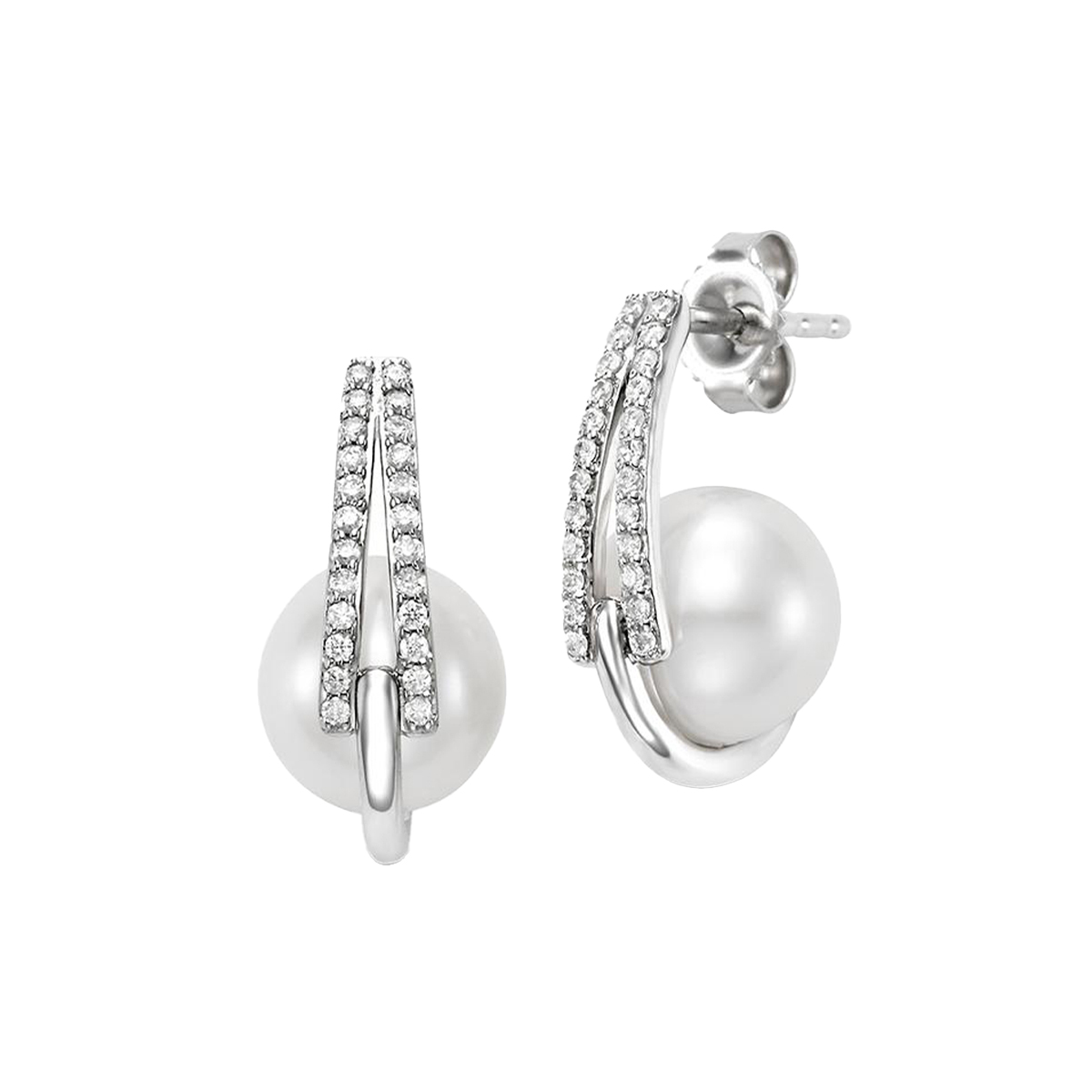 14K White Gold Pearl and Diamond Hoop Earrings