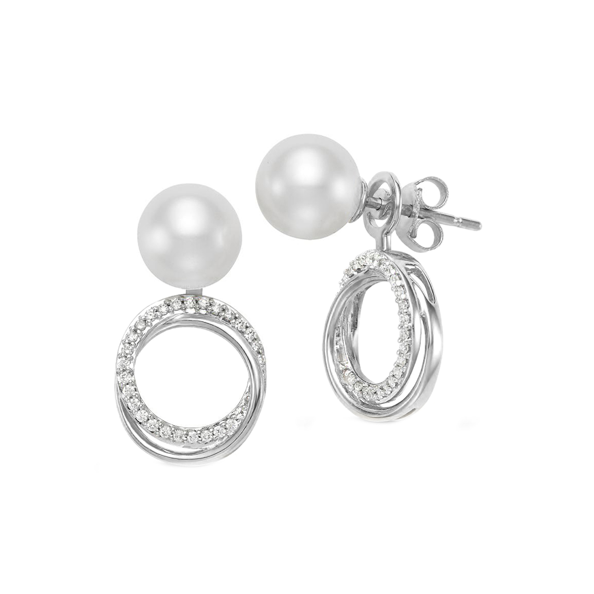 14K White Gold Cultured Pearl and Diamond Circle Swirl Earrings
