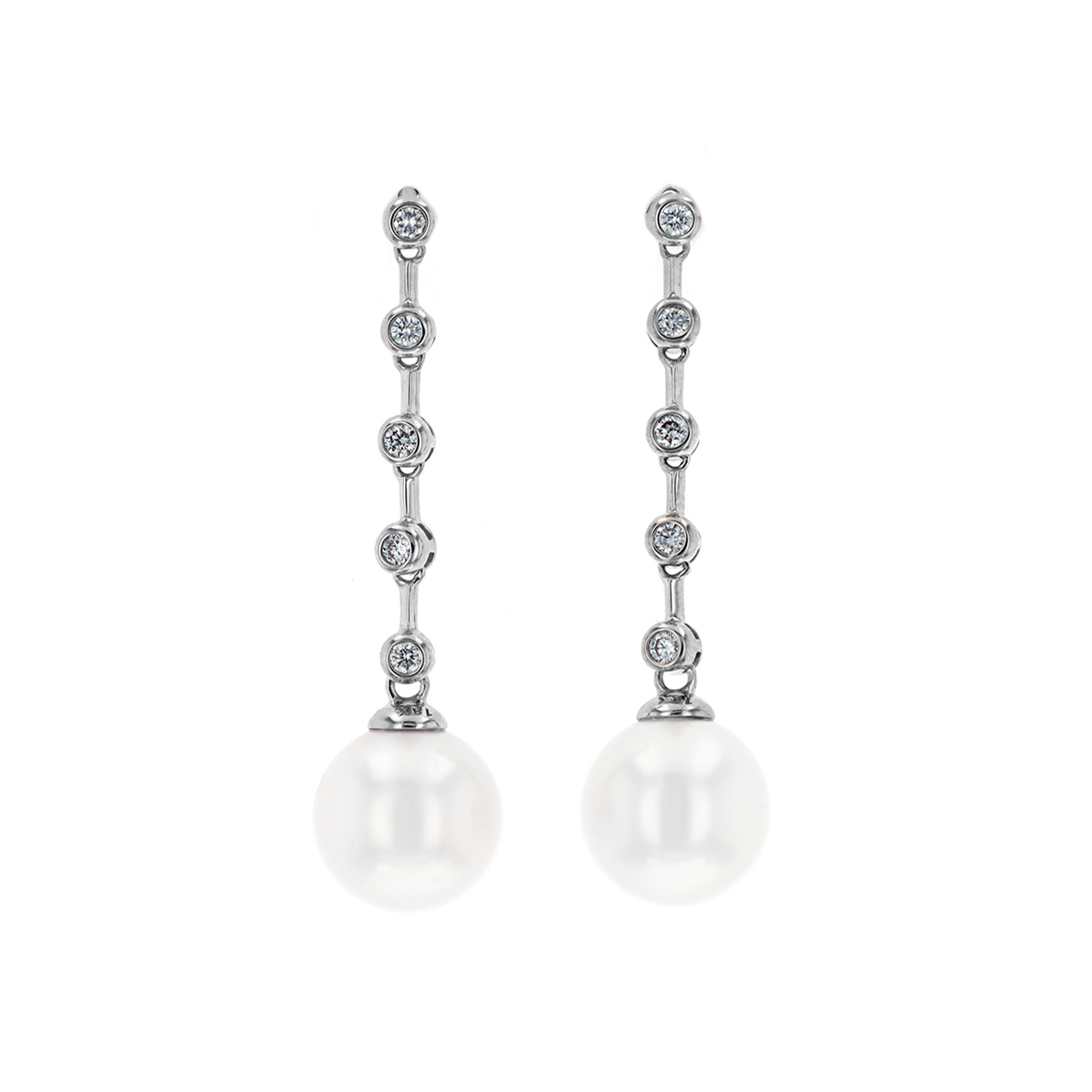 18K White Gold Diamond Bezel and Pearl Dangle Earrings