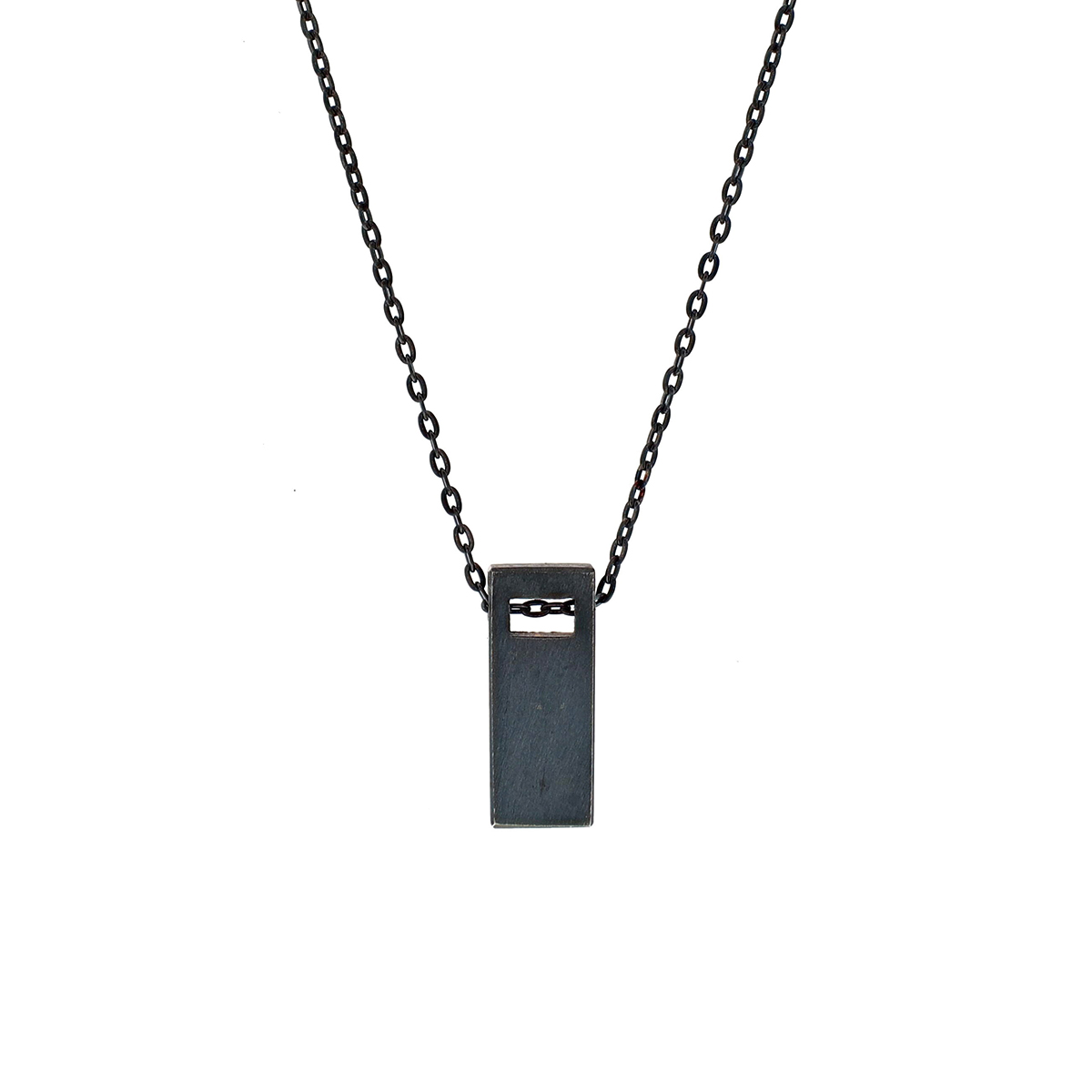 Oxidized Sterling Silver Rectangle Cut Out Pendant and Chain
