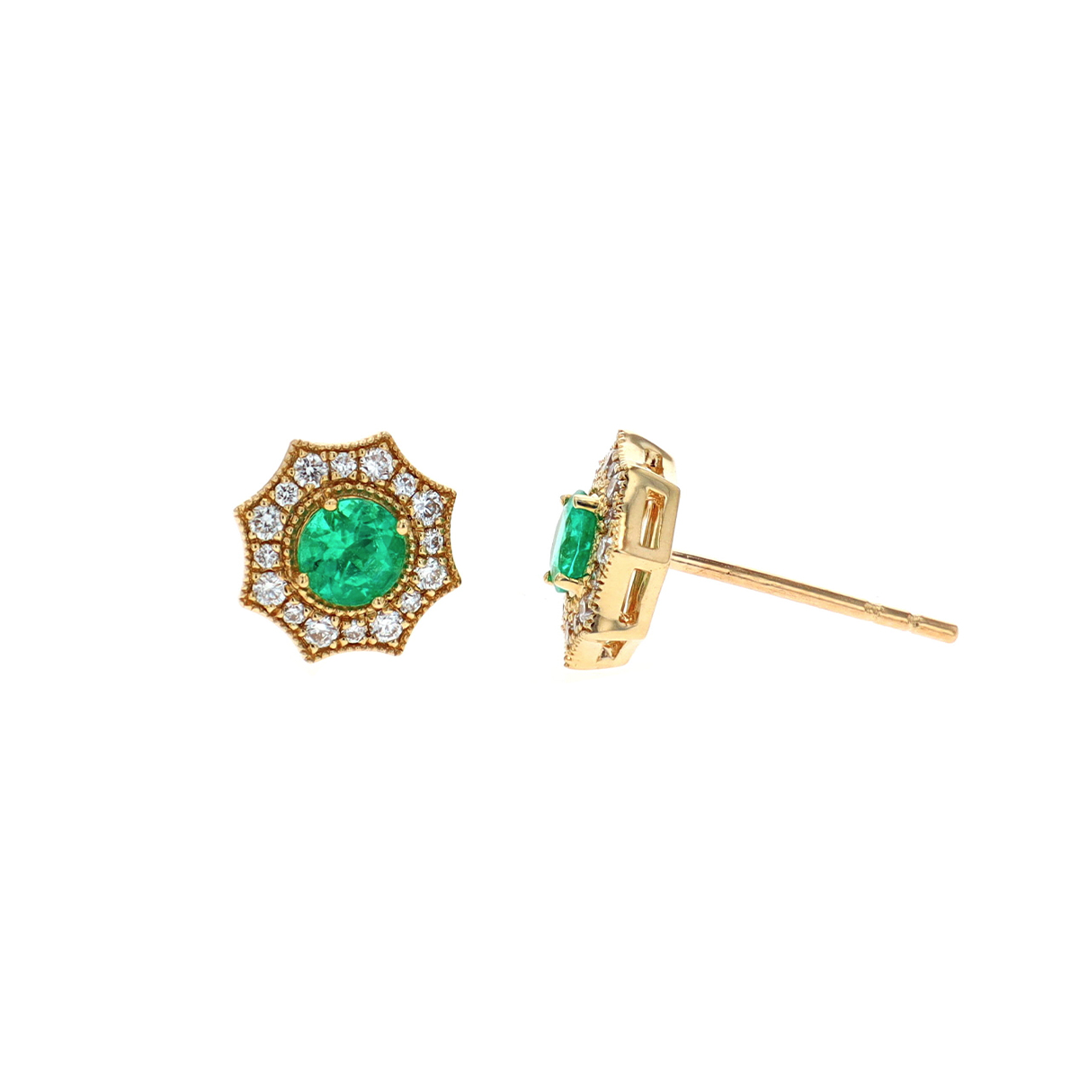 14K Yellow Gold Emerald and Diamond Sun Earrings