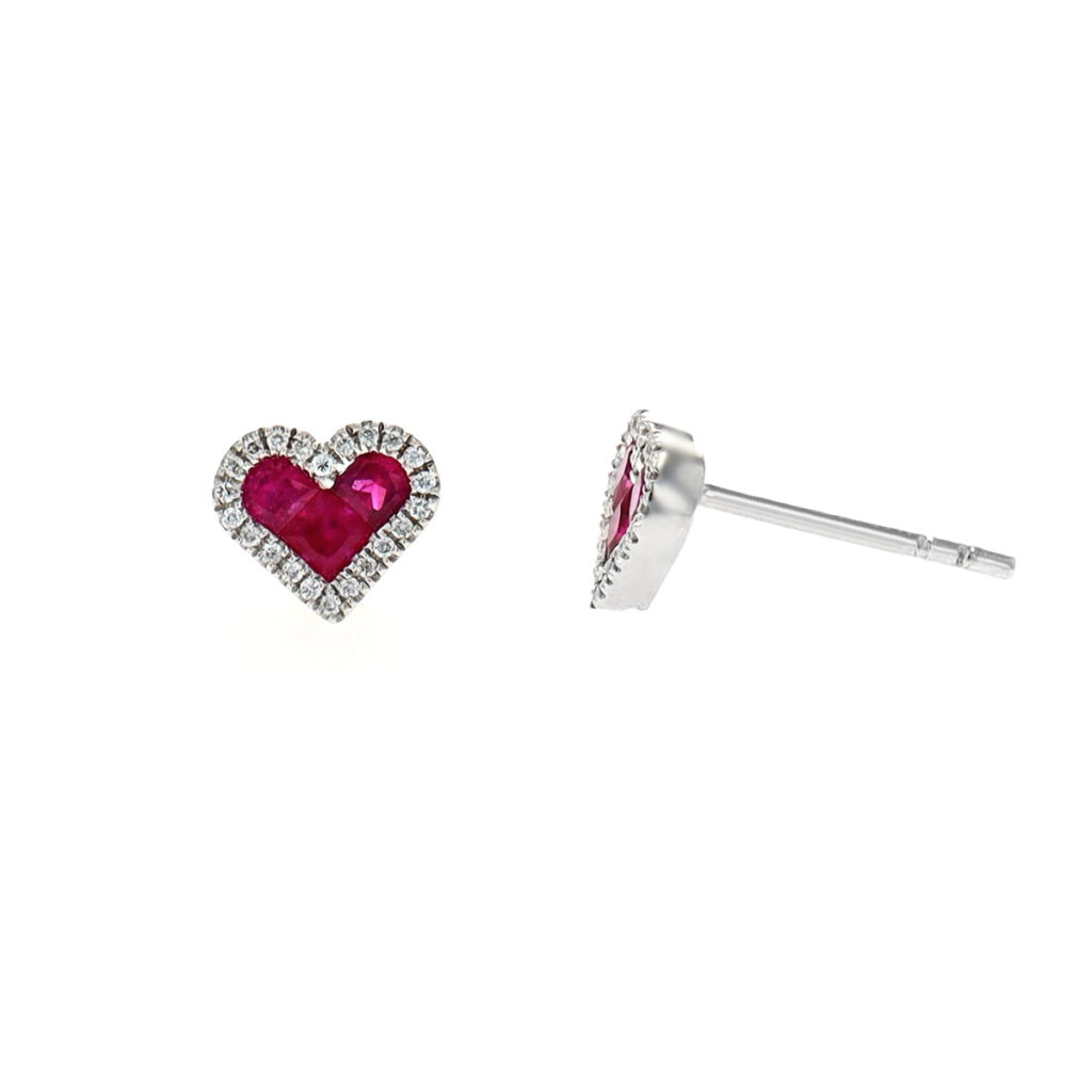 14K White Gold Ruby and Diamond Heart Earrings