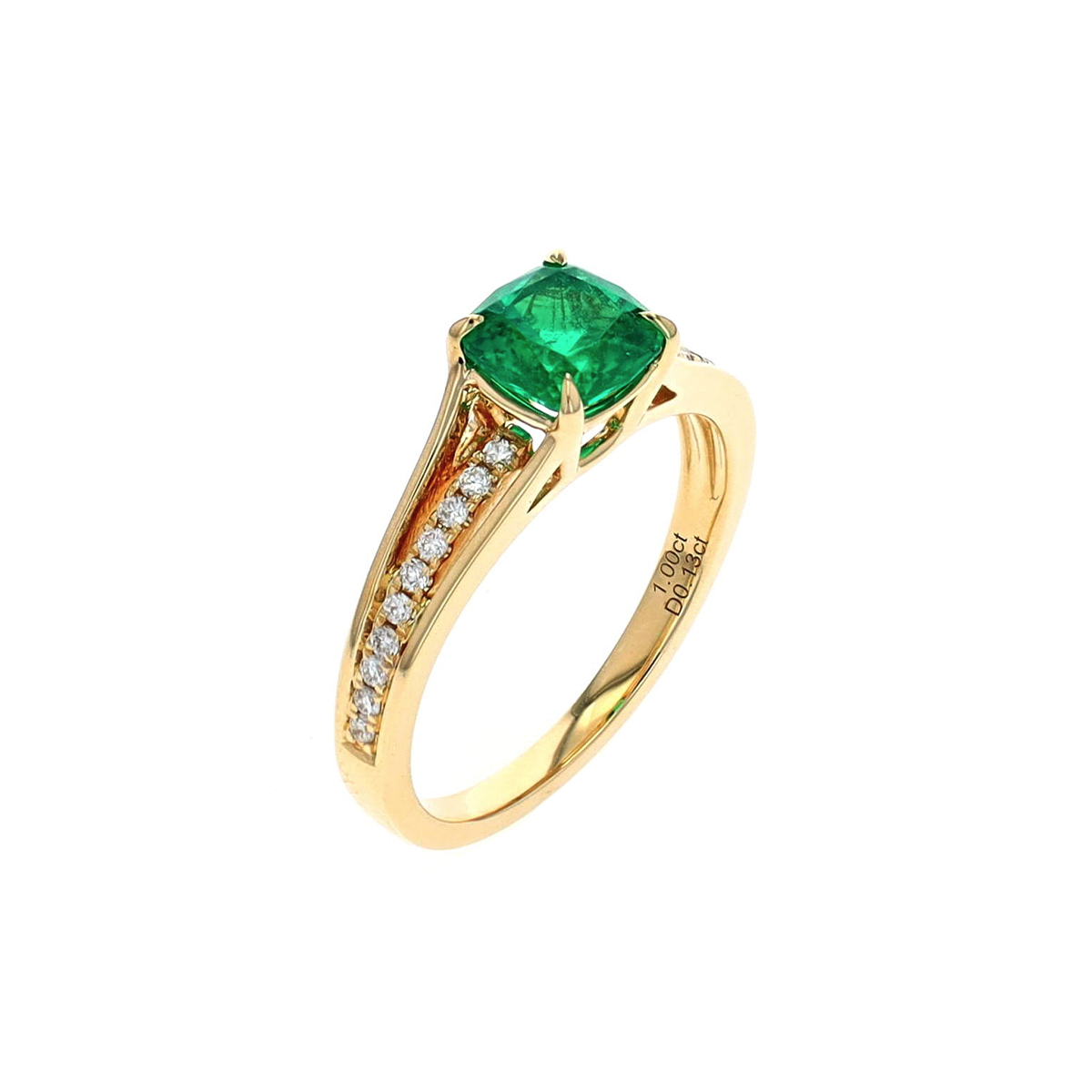 14K Yellow Gold Cushion Emerald and Diamond Ring