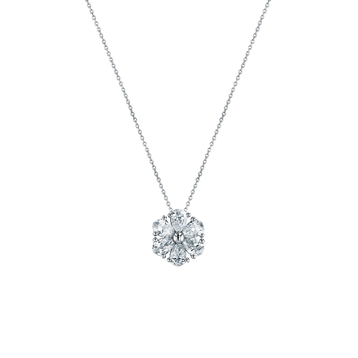 18K White Gold Pear Diamond Cluster Pendant with Chain