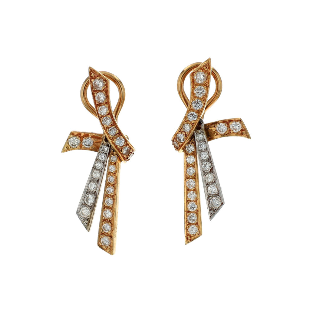 Estate 14K Two-Tone Diamond Ribbon Earrings