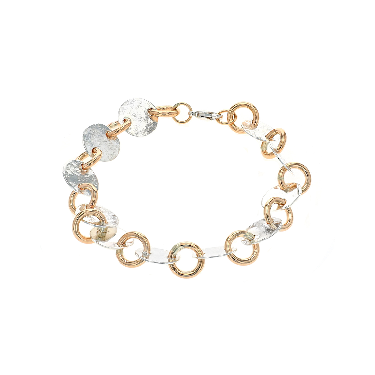 Sterling Silver Two-Tone Textured Disc and Ring Link Bracelet