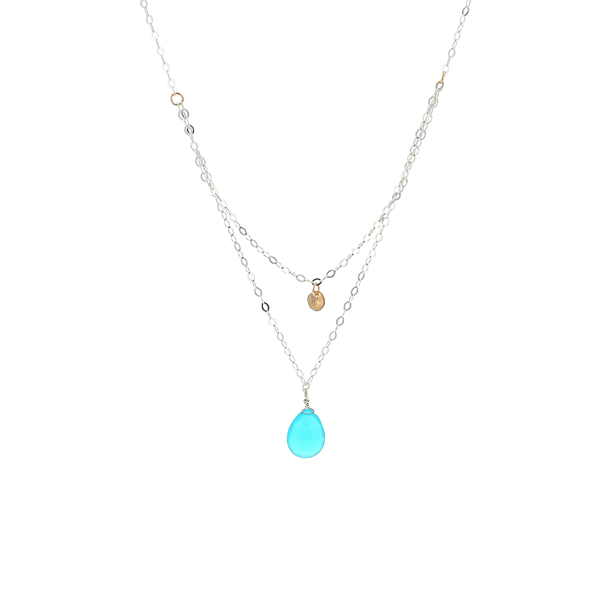 Sterling Silver Two-Tone Double Necklace with Blue Pear-Shape Stone