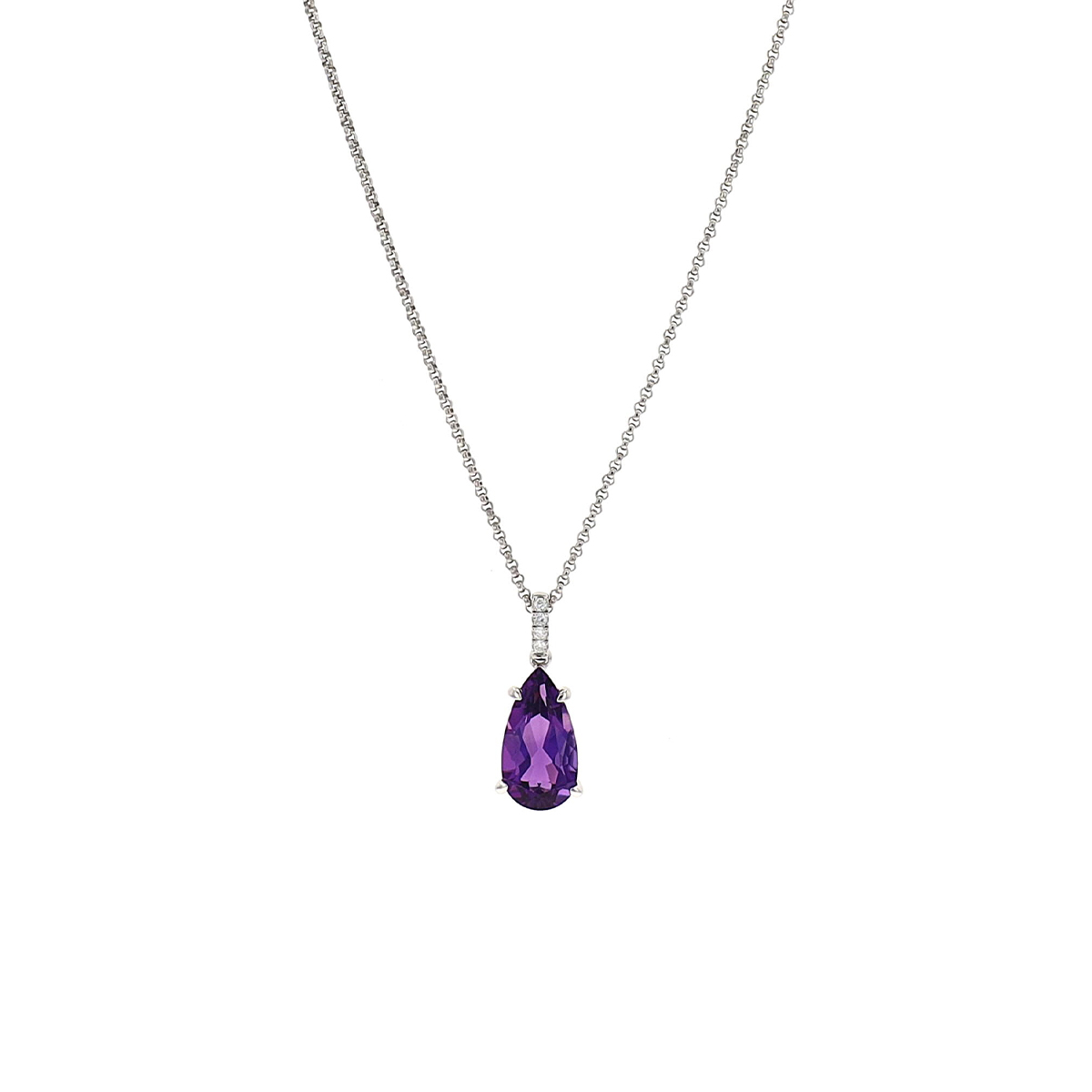 Sterling Silver Pear Amethyst and Diamond Pendant with Chain