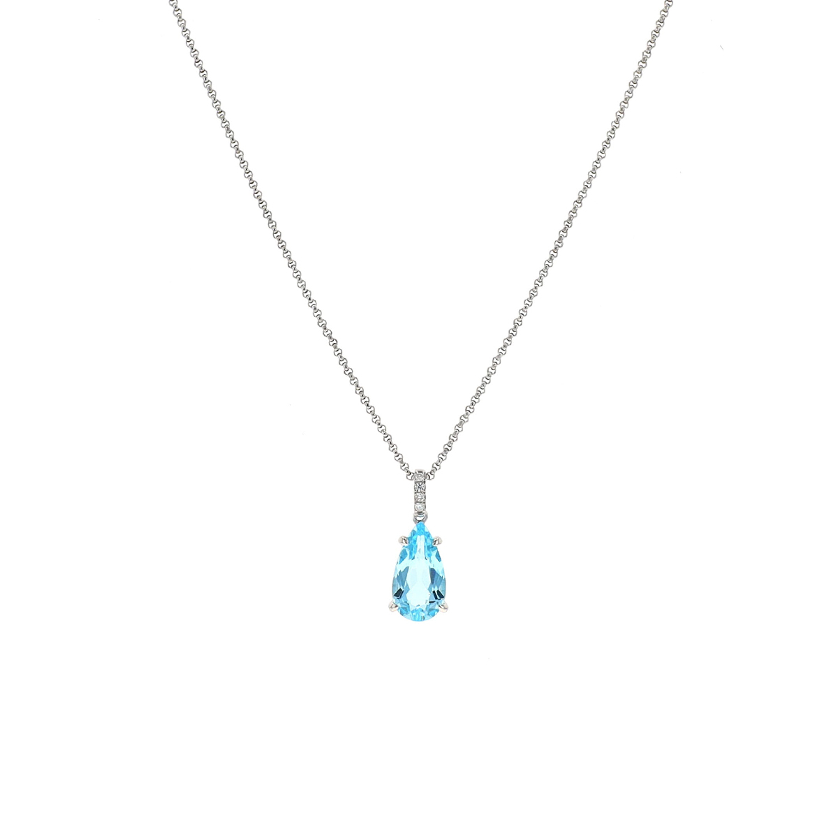 Sterling Silver Pear Blue Topaz and Diamond Pendant with Chain