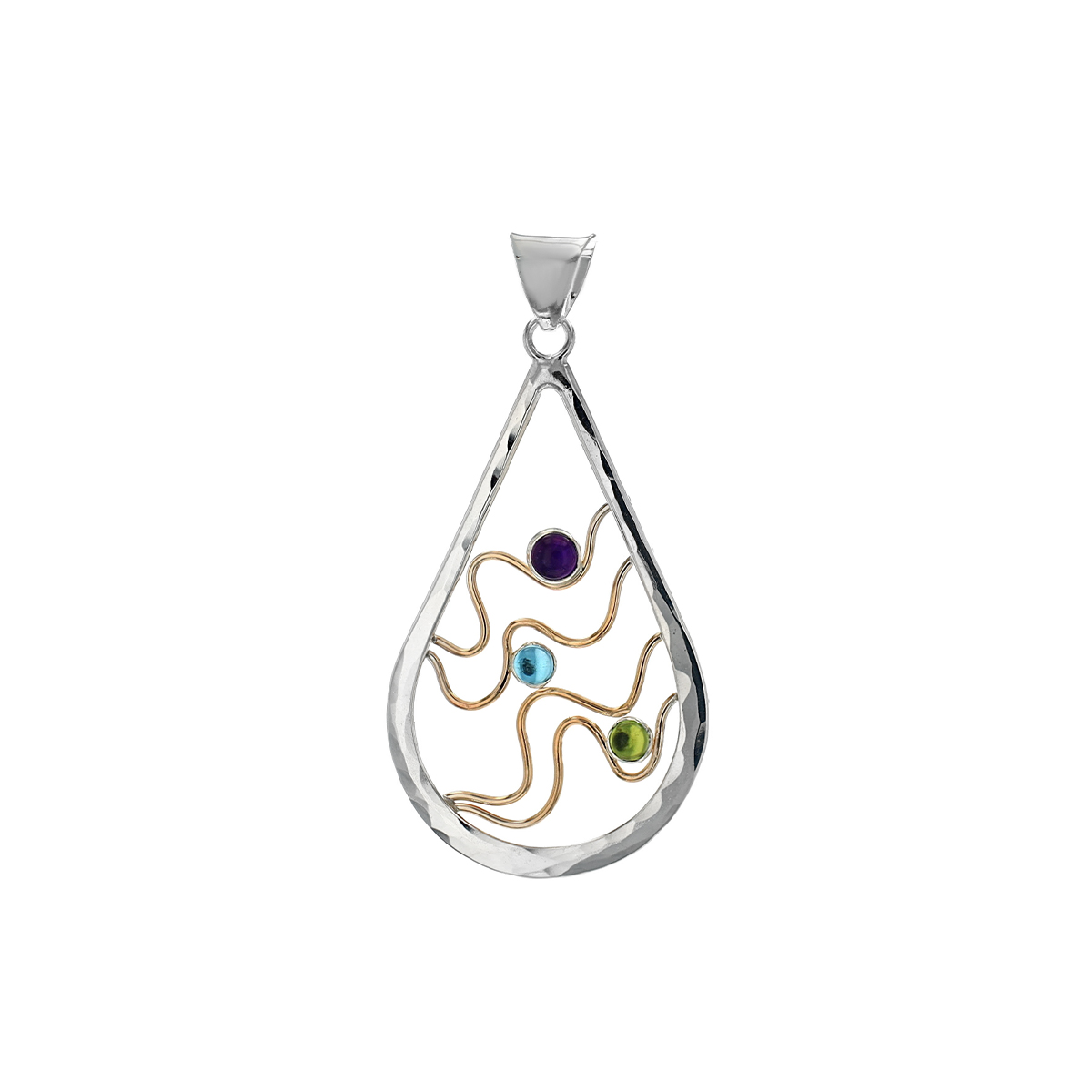 Sterling Silver Two-Tone Amethyst, Peridot, and Blue Topaz Pendant