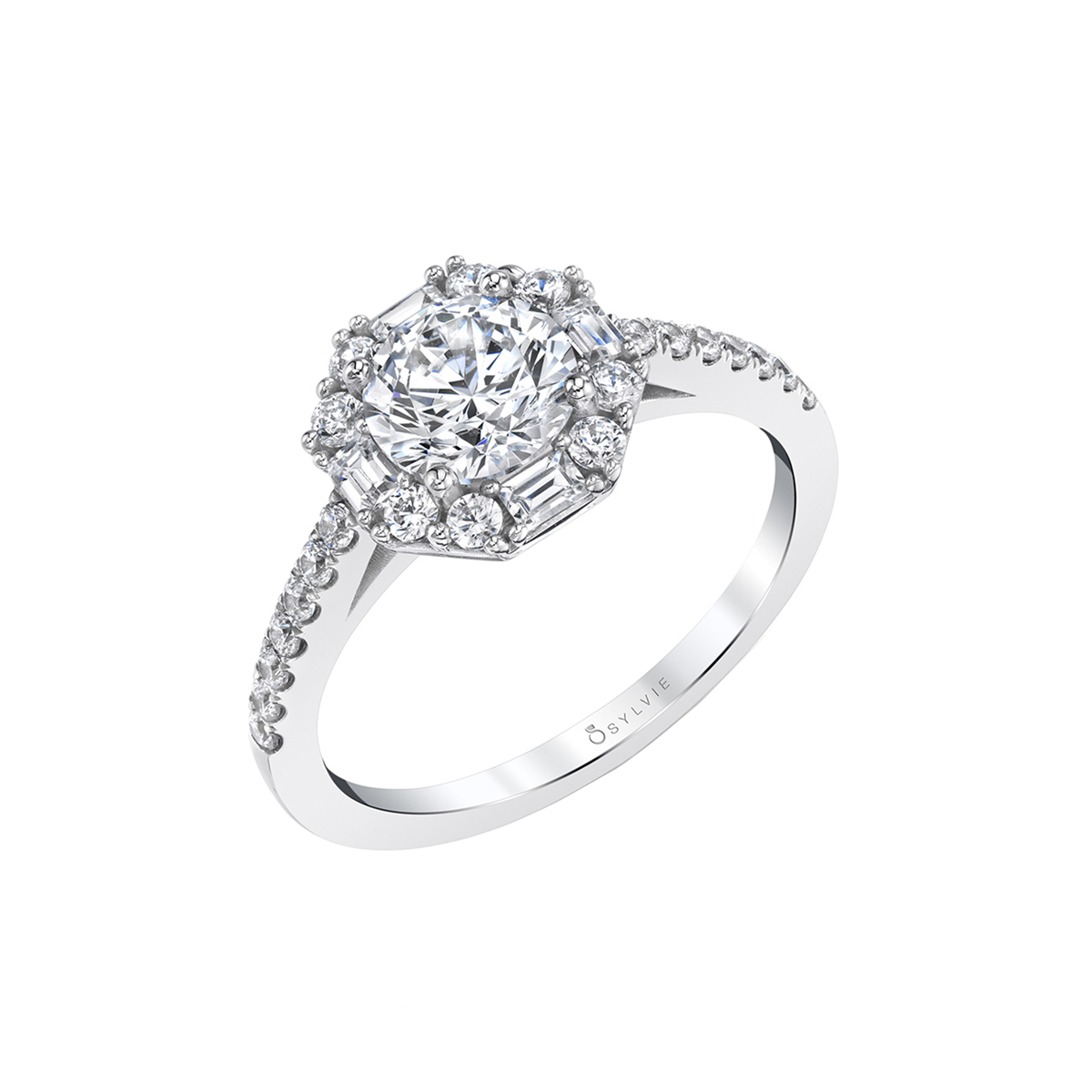 14K White Gold Round Cut with Baguette Halo Engagement Ring - Kira