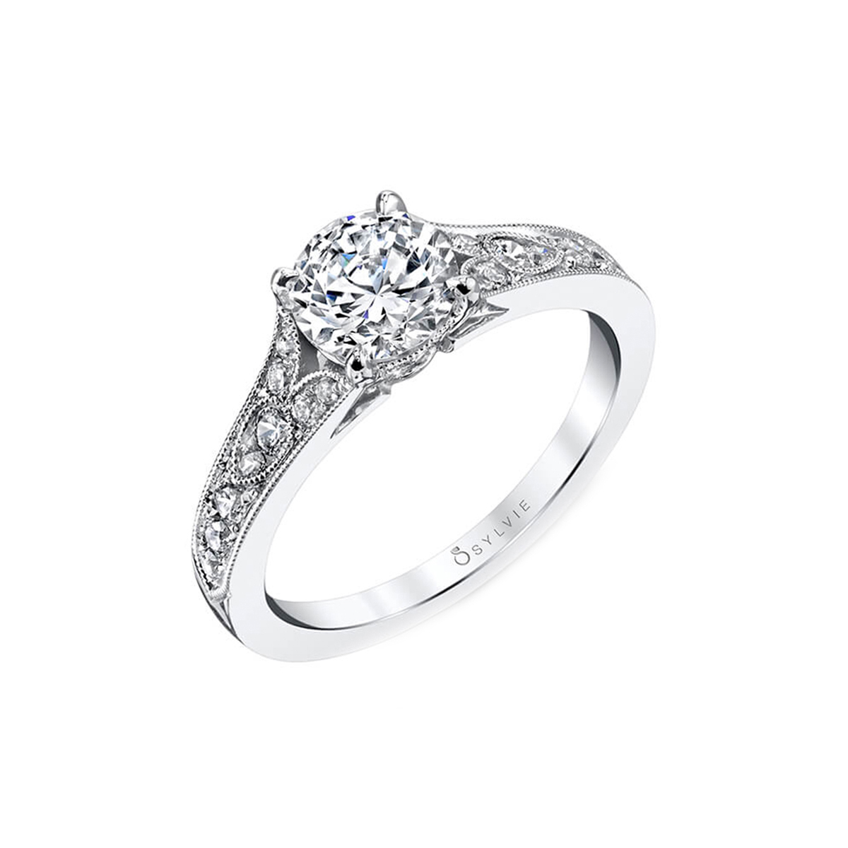 14K White Gold Round Cut Vintage Inspired Engagement Ring - Chereen