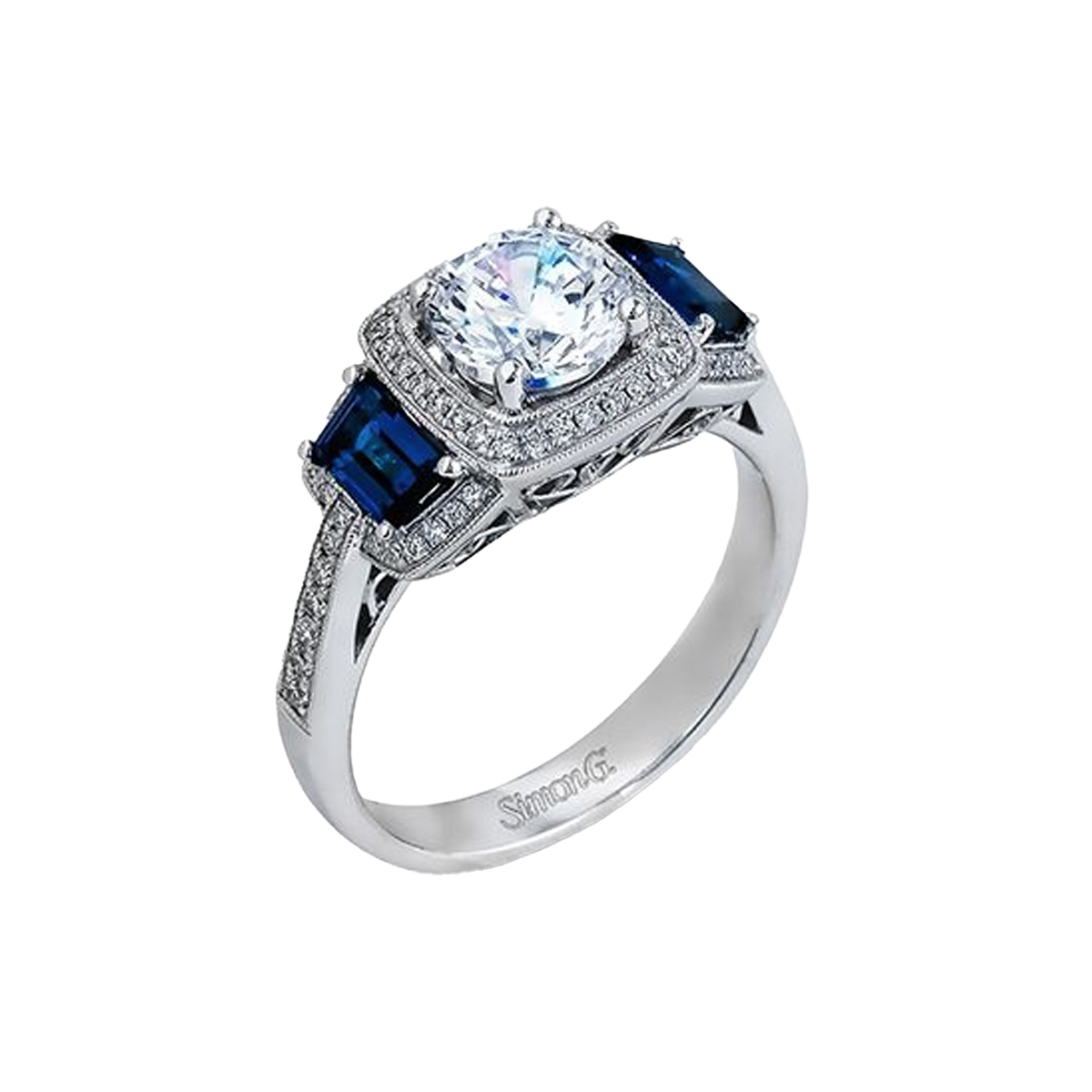 18K White Gold Diamond and Trapezoid Blue Sapphire Engagement Ring Semi-Mounting