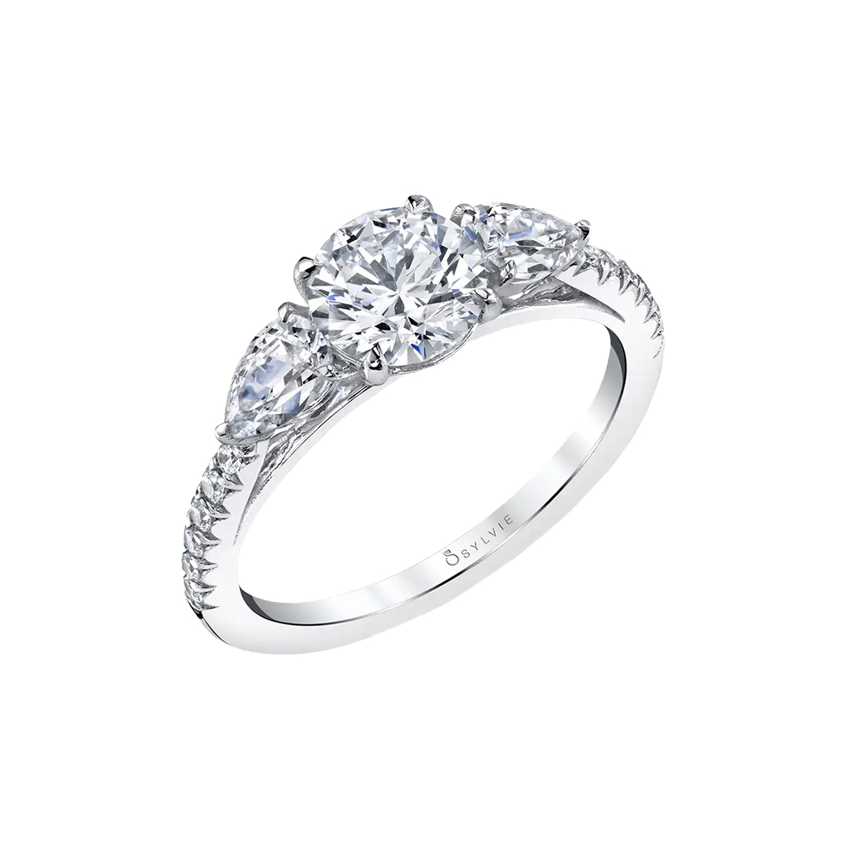 14K White Gold Round Cut Three Stone Engagement Ring with Pear Shaped Side Stones - Vanna