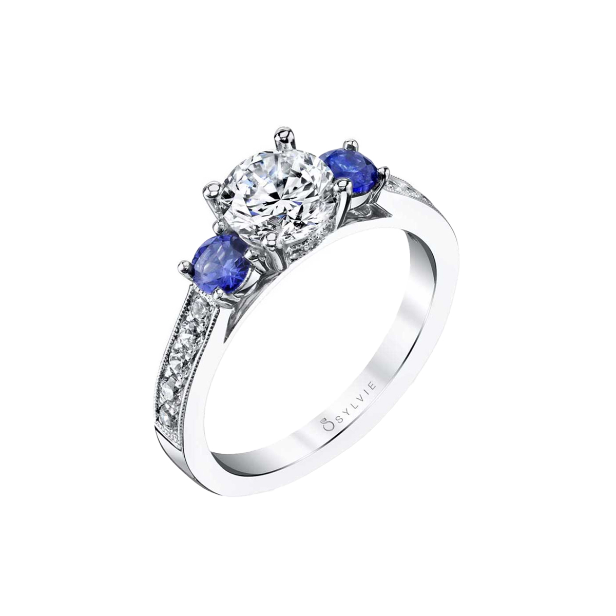14K White Gold Diamond and Sapphire Engagement Ring Mounting