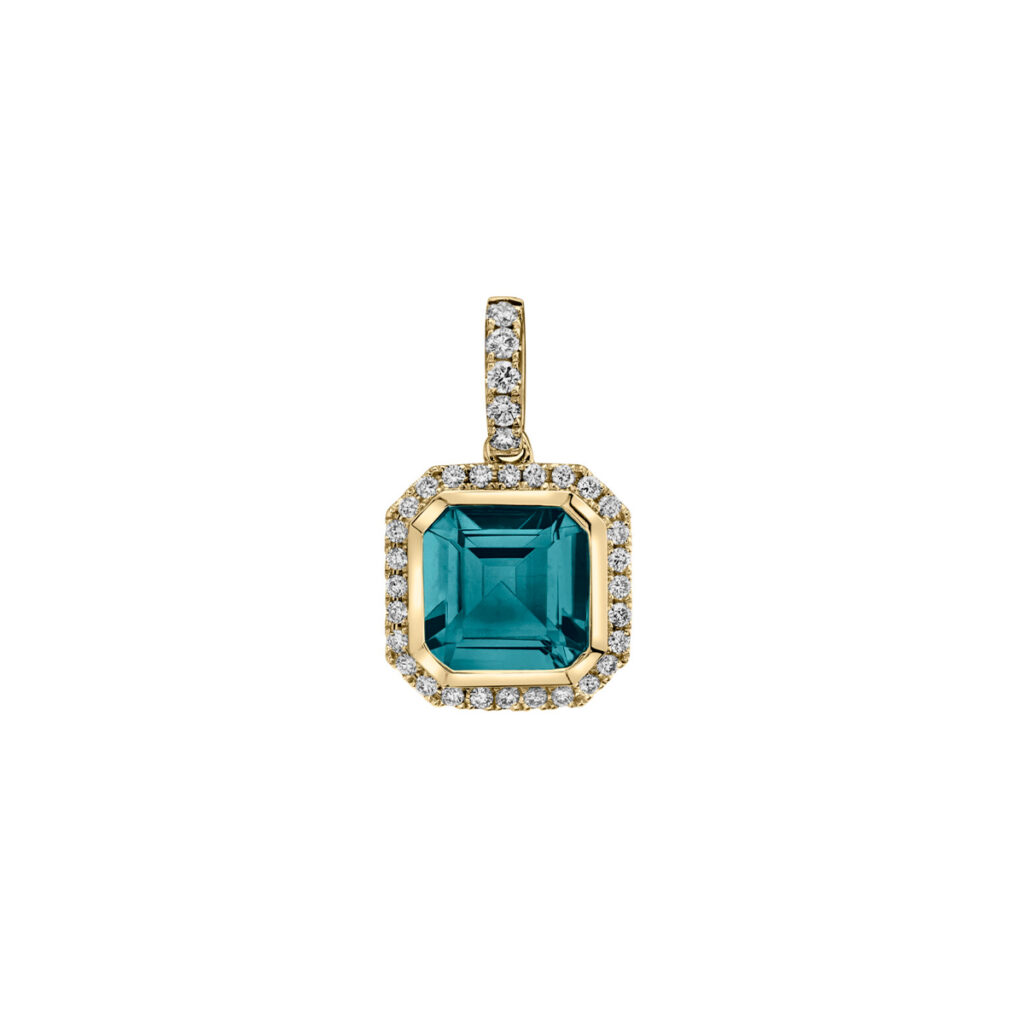14K Yellow Gold Octagonal London Blue Topaz and Diamond Pendant