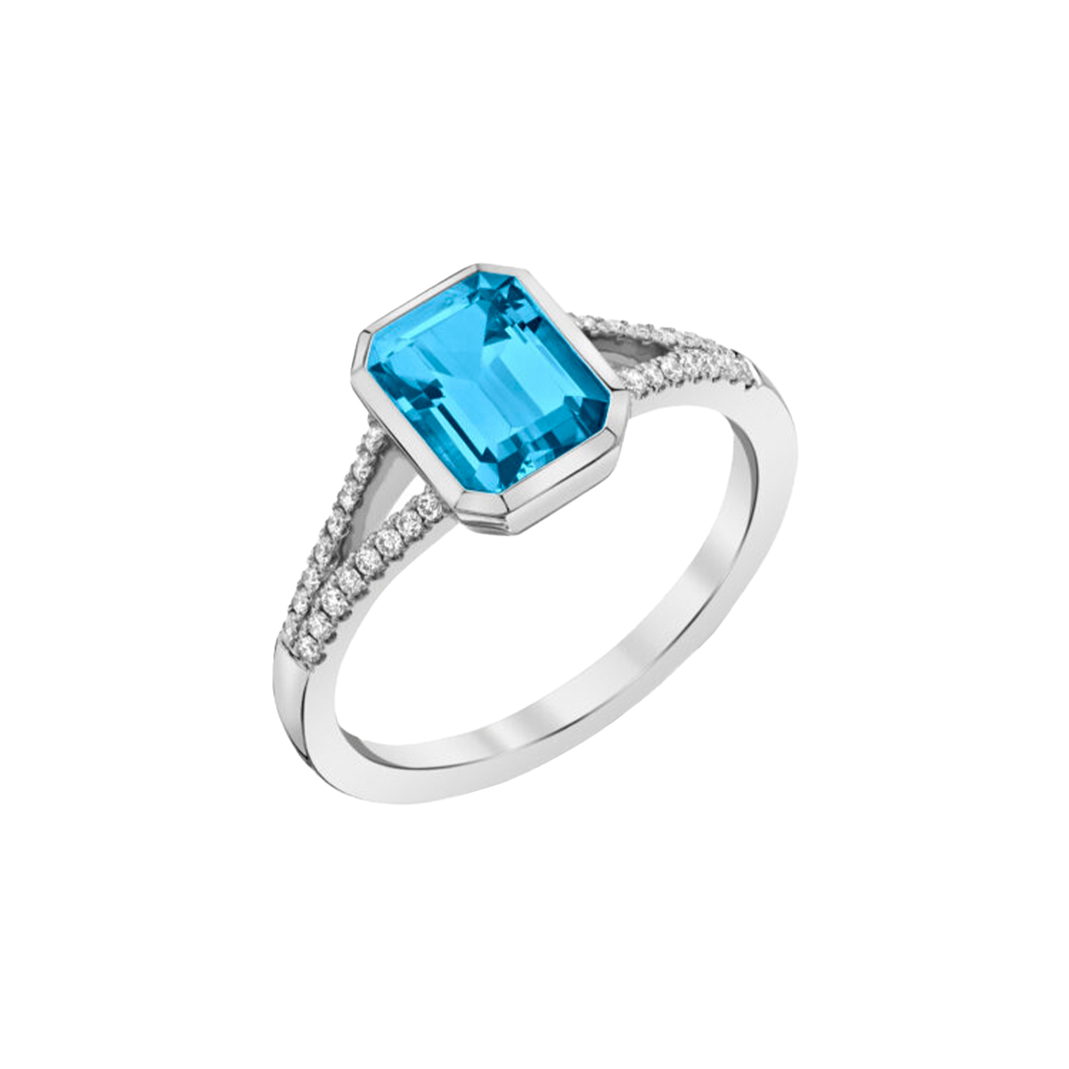 14K White Gold Emerald-Cut Blue Topaz and Diamond Ring