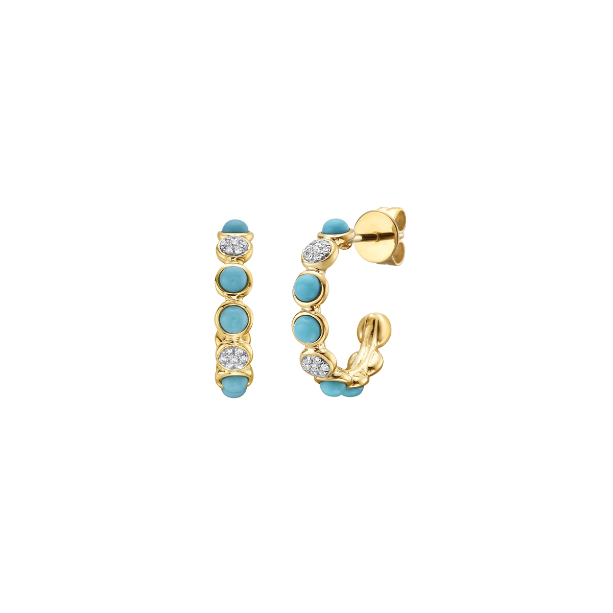 14K Yellow Gold Turquoise Cabochon and Diamond Hoop Earrings