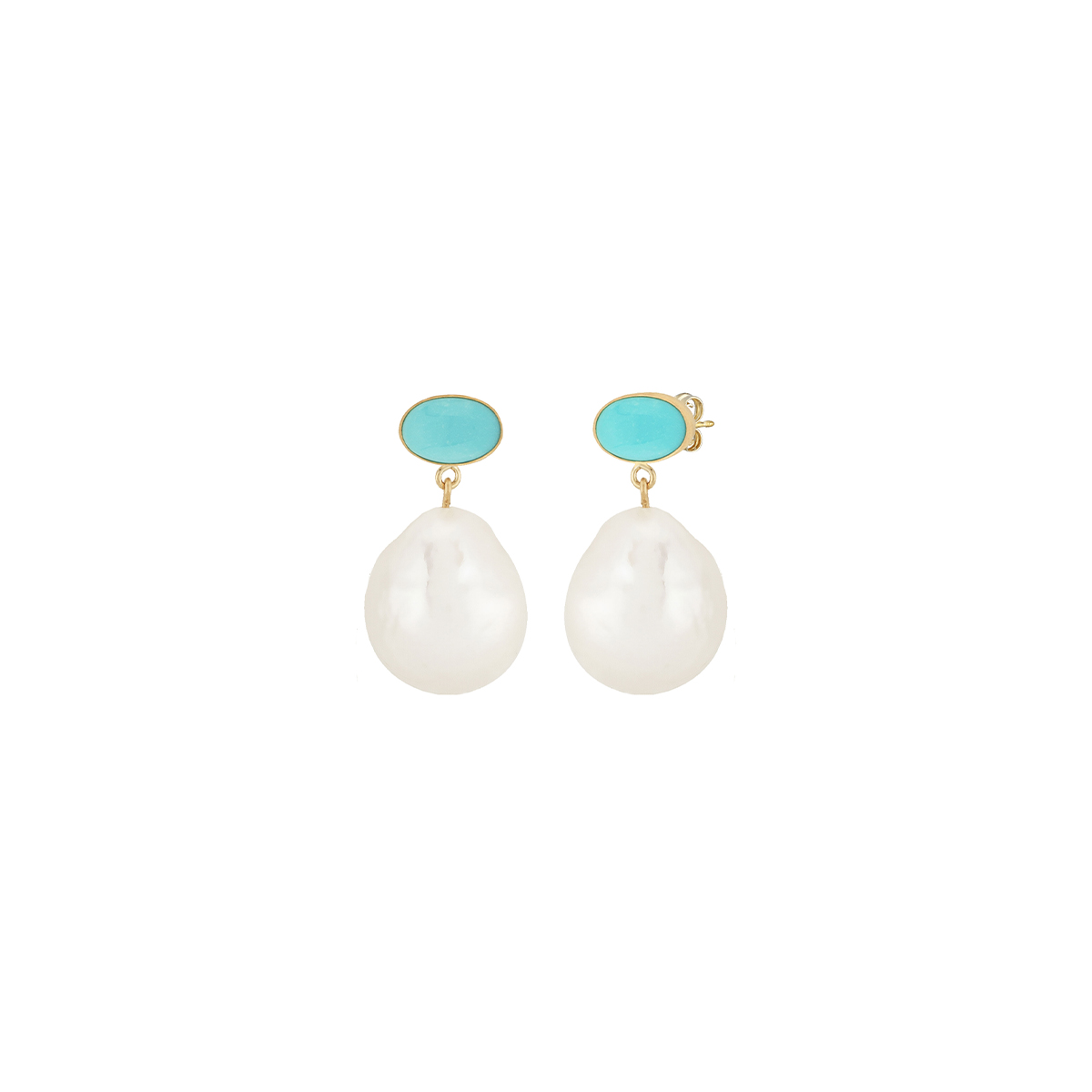 14K Yellow Gold Turquoise and Pearl Dangle Earrings